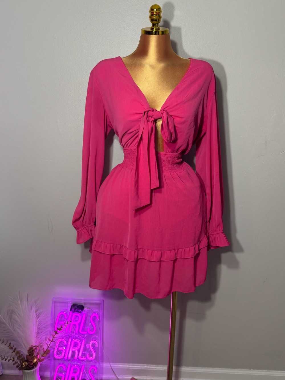 Tie-Front Hot Pink Long Sleeve Mini Dress